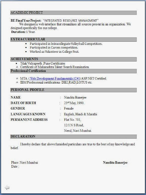 Download resume format for b com freshers